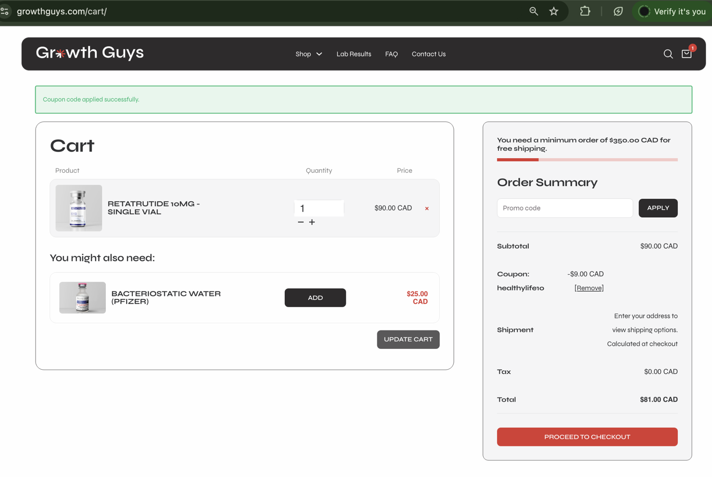Growth Guys cart at growthguys.com showing coupon code healthylife10 applied successfully: $9.00 CAD discount on a $90.00 CAD subtotal, August 2026